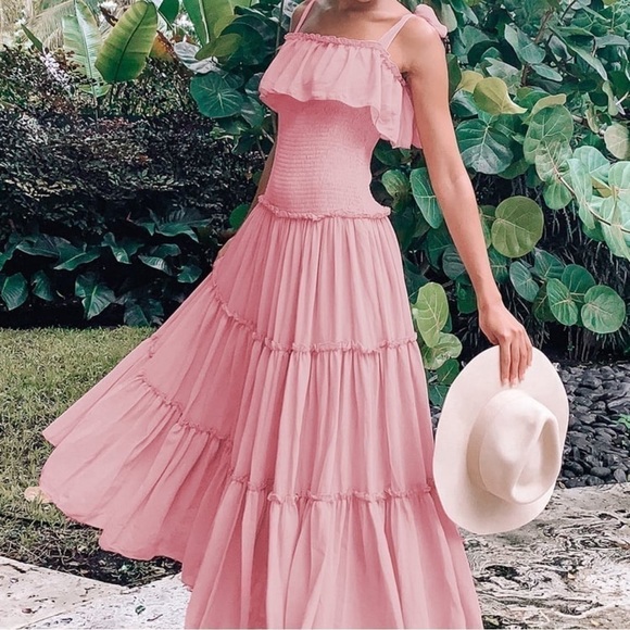 NEW- Lulu's Like a Fairy Tale Dusty Pink Smocked Tie-Strap Tiered Maxi Dress MD - Picture 7 of 16